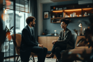 A person sits comfortably across from a therapist in a warm, modern office