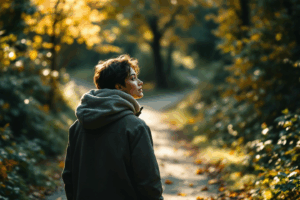 A person is walking along this path, with a calm, focused expression, illustrating the peaceful exploration of the present moment