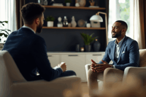 A young man sits across from a compassionate therapist in a well-lit counseling office.