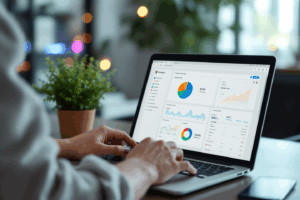 A business owner reviewing Instagram Shopping analytics and troubleshooting common issues on a laptop