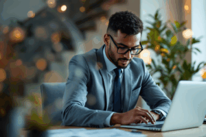 A business professional at a desk, reviewing an email on their laptop.
