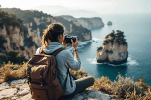 A travel influencer capturing scenic shots at an exotic location, using sustainable travel accessories like eco-friendly backpacks and reusable bottles.
