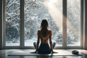 A woman practices yoga on a mat placed near a window with daylight pouring in, while light snow falls outside