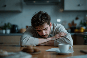 A man in his late 20s sits slumped at a kitchen table in the early morning
