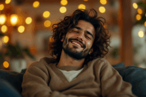 A person looking tired and smiling, relaxing after a long day at work. 
