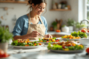 A cheerful young adult prepares a colorful meal in a sunny kitchen—plates filled with leafy greens, sweet potatoes, berries, grilled chicken, and brown rice.