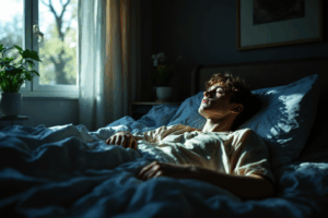 A teenage boy lies in bed in a dark room with blackout curtains drawn during a sunny spring day.