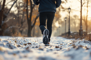 A young adult jogs through a park on a crisp winter morning