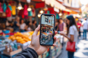 A bustling digital marketplace scene with Instagram’s app interface prominently displayed on a smartphone screen