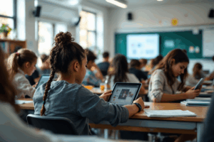 Imagine a classroom filled with students engaged with digital tablets, working on interactive lessons. 
