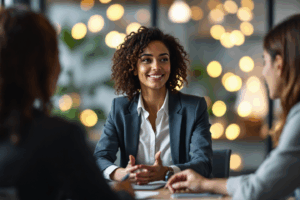 a professional woman leading a team meeting