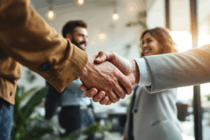 Two individuals shaking hands warmly, smiling after a meeting. 