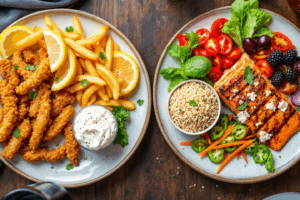 Two contrasting plates side by side: one with fried food, soda, and sugary desserts; the other with grilled salmon, quinoa, and a variety of fresh vegetables. 