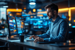 A digital marketing strategist in a futuristic office space studies a holographic dashboard