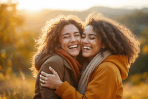 Two friends meeting after a long time, smiling warmly and shaking hands
