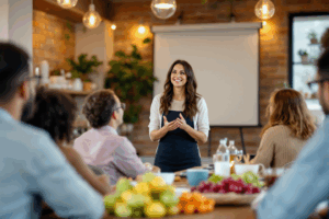 A community wellness workshop scene where a nutritionist presents a slide
