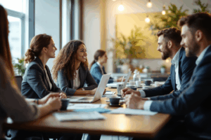 A business team in a conference room, discussing a follow-up email to a client.