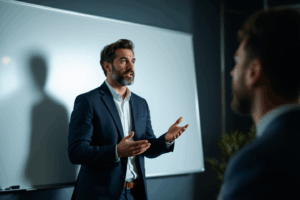 A business professional standing in front of a whiteboard during a presentation