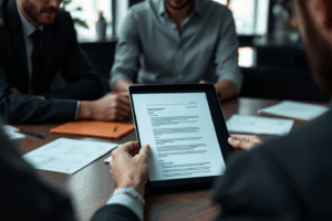 A team of business professionals seated around a conference table, reviewing a printed email