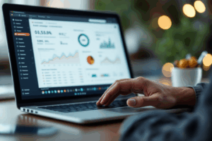 A marketer analyzing campaign results on a laptop