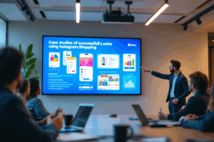 A digital marketing presentation showcasing case studies of thriving businesses using Instagram Shopping. 