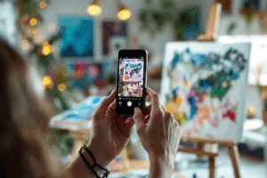 A creative artist in a bright studio filming the step-by-step process of making a painting on their smartphone. 