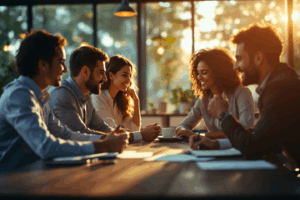 A business team sitting around a conference table, collaborating on crafting effective email openings