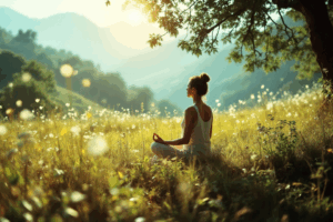 A tranquil scene with a person peacefully meditating in a serene natural landscape