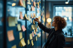 A content strategist reviews a wall filled with sticky notes