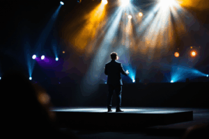 A powerful scene of a person standing on a stage or podium