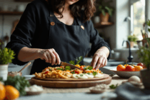 A middle-aged woman prepares a Mediterranean-style meal in a bright kitchen