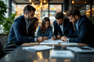 A business team gathered around a conference table, reviewing a draft email to a client