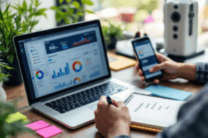 A modern digital workspace with a laptop showing charts, SEO tools, and social media dashboards