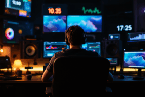 A digital marketer sits at a workstation surrounded by multiple screens. 