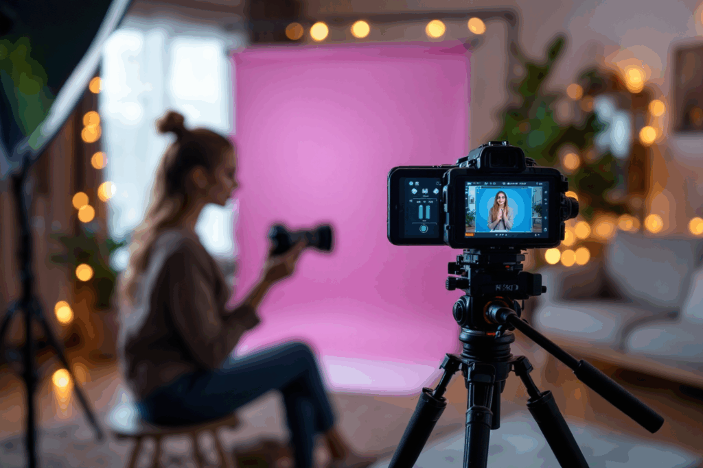 An Instagram influencer filming a branded product showcase in a stylish home studio.
