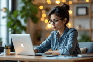 A non-native English speaker attending an online business English grammar workshop