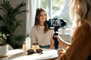 An influencer filming a natural, authentic Instagram Reel in their personal style, with brand products subtly integrated. 