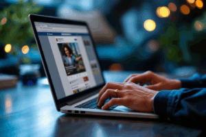 A digital marketer setting up a Facebook ad campaign on a laptop