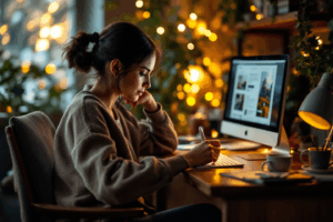 A writer sits at a cozy desk editing a blog post