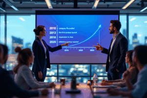 A business professional presenting a timeline of past events in a meeting