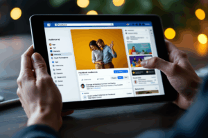 A content creator designing a Facebook ad on a tablet, selecting audience criteria like age, interests, and behaviors.