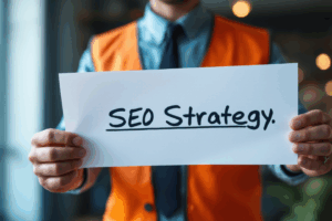 A project manager is holding a blueprint labeled “SEO Strategy.”

