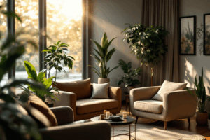 a comfortable seating area, soft lighting, and a small corner dedicated to mindfulness practice