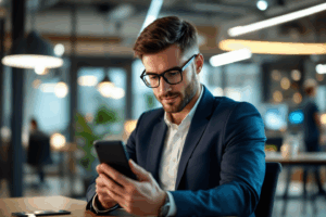 A business professional in a sleek office, reading an email on a mobile device