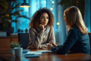 A person sits in a warmly lit therapist’s office, nervously but confidently speaking to a compassionate counselor.