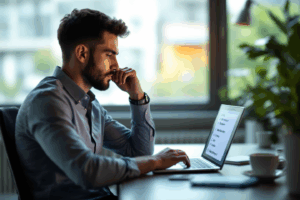A marketer using a laptop scanning a list of broken links