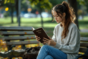 A young adult sits peacefully on a park bench, journaling in a notebook labeled “Wellness Plan.”
