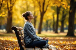 a person sitting on a bench in a quiet park, eyes closed, practicing mindfulness
