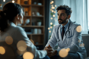 A consultation scene where a psychiatrist and patient discuss treatment options