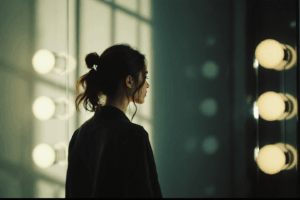 an individual standing in front of a large mirror, looking thoughtfully at their reflection